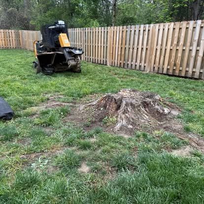 Stump grinder working beside a wood privacy fence in Central Indiana