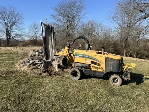 Tracked remote-controlled stump grinder on an open grassy Central Indiana property